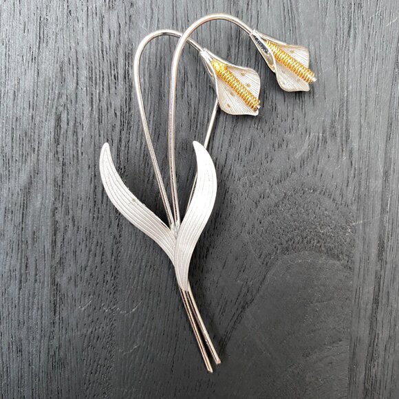Signed vintage ART NOUVEAU 3” large, 925 Sterling Silver, Gold CALA LILY BROOCH - Picture 1 of 7